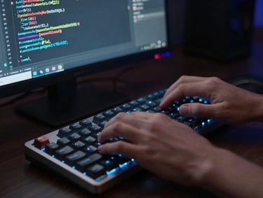 Macro shot of hands typing on a mechanical keyboard in a dark room, illuminated only by the glow of a monitor displaying clean Kotlin code snippets in an IDE.