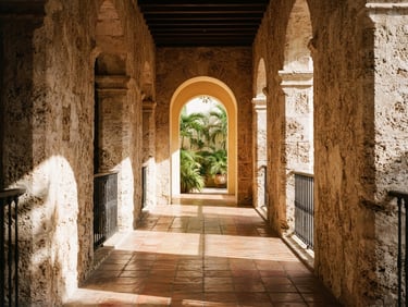 Symmetrical architectural photograph of a minimalist corridor in Cartagena, coral stone walls, dramatic diagonal shadows cast by high-contrast tropical sunlight, warm sand and bone tones, medium format film style.