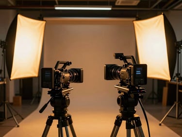 Behind-the-scenes production set with high-end cameras, softbox diffusers casting warm yellow backlights on a modern industrial set.