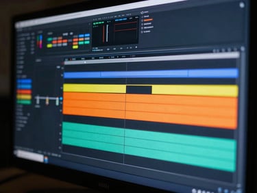 Tight macro shot of a video editing bay screen showing colorful motion graphics timelines, neon-tinged ambient glow, high-contrast studio lighting.