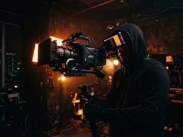 Dynamic low-angle shot of a high-end cinema camera on a motorized gimbal inside a dark Jakarta studio, warm orange backlights casting a sharp silhouette, 35mm cinematic style.