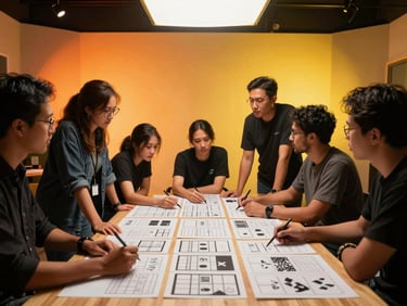 Energetic collaborative session in a Cengkareng studio, creative team discussing storyboard frames under warm yellow overhead lights.