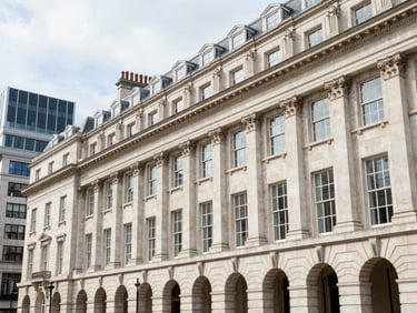 Classic London streetscape with historic stone architecture and modern buildings under bright window light, clean corporate style, 35mm lens