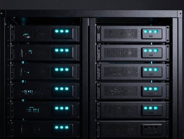 Equipamento de rede Wi-Fi 7 de design futurista, com LEDs ciano brilhantes, em um rack de servidor limpo e organizado, iluminação de estúdio escura