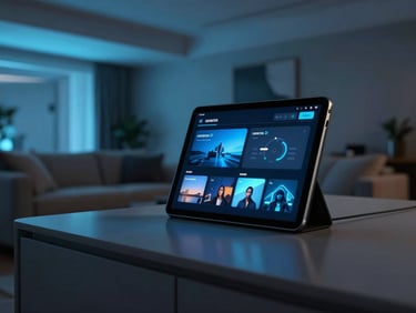 Interior de sala de estar moderna com iluminação ambiente suave em tons de azul, tablet de controle de automação exibindo um menu de 'cenários', sem pessoas, foco na tecnologia integrada