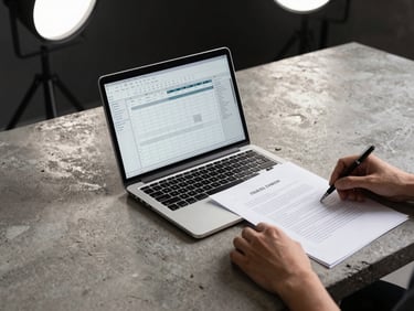 Wide environmental shot, clean studio lighting from overhead fixtures, close view of a desk with an open laptop showing a content calendar spreadsheet, a printed contract document beside it, a hand resting near a pen mid-review, architectural concrete desk surface, no people's faces visible — process and workflow focus