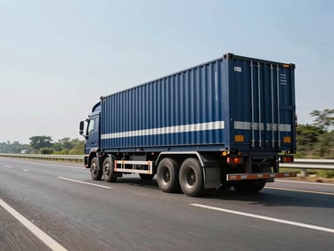A branded navy blue cargo container truck driving smoothly on a clean Indian national highway, wide-angle cinematic shot, bright daylight, clear sky.