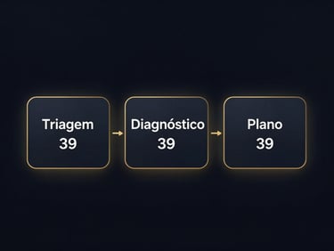 Minimalist graphic representation of three interconnected AI prompt cards ('Triagem', 'Diagnóstico', 'Plano') on a dark digital interface, subtle gold lines connecting them. Tech aesthetic.