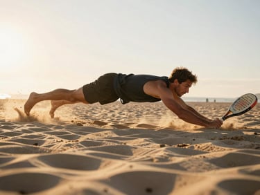 Dynamic low-angle action shot of a beach tennis player diving in the warm sand, golden hour sunlight backlighting the scene, shallow depth of field, 35mm.