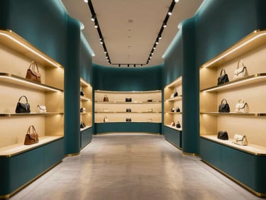 Full-bleed interior of a high-end branded retail installation captured from within the space, curved walls with subtle LED accent lighting, merchandise architecture receding in all directions, deep teal and warm gold tones, spatial depth visible in every quadrant, no people, no text, no flat photography conventions