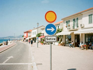 Candid street scene in a coastal European town, local transit signs, realistic bright daylight