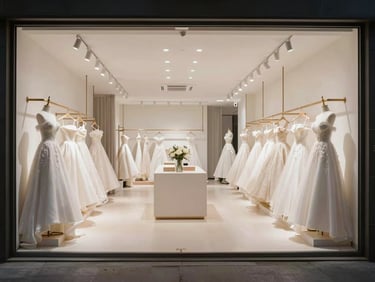 Landscape framing, wide-angle shot of a pristine high-end boutique interior with curated bridal collections, generous negative space.