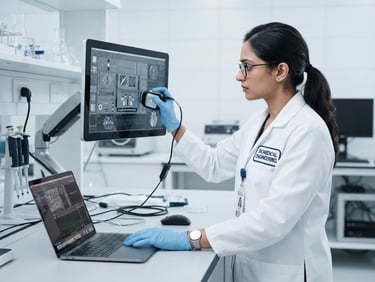 Clean clinical photography of a professional biomedical engineer in a bright white sterile laboratory, adjusting a high-precision clinical monitor with calibration tools, desaturated blue and silver tones, sharp focus, 50mm