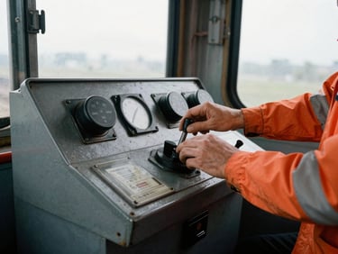 Hands of a locomotive engineer adjusting controls on a weathered steel control stand inside a train cab, high-contrast industrial lighting.