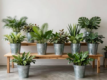 A beautifully structured, clean floral studio workspace with buckets of fresh green foliage arranged neatly on low wooden benches, bright diffused daylight.