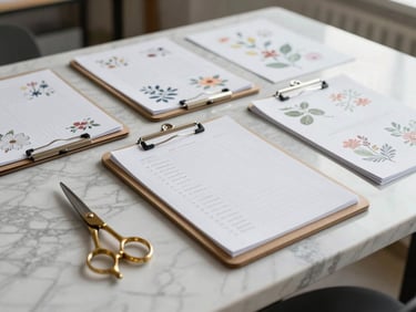 Diffused natural light on a clean marble studio table with organized clipboards, brass shears, and structured floral prep sheets.
