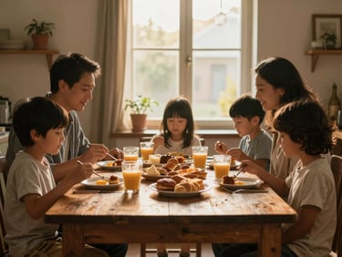 Warm, atmospheric shot of a family sharing breakfast around a rustic wooden table, soft golden hour light filtering through a nearby window.