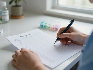 Close-up of a nurse's hands reviewing a printed medication schedule on a kitchen table, natural window light, pill organizer visible beside the paper