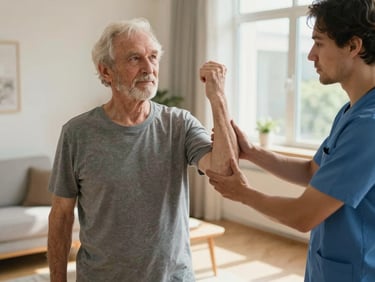 Physical therapist guiding an elderly patient through a standing exercise in a sunlit living room, caregiver's hands supporting patient's forearm, home furniture in background