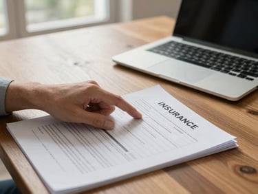 Insurance documents and a laptop open on a dining table, a caregiver's hand pointing at a coverage line item, warm daylight from a nearby window