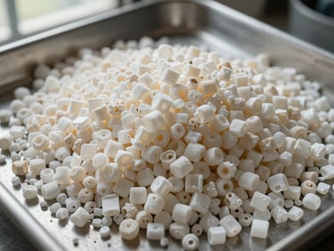 Overhead macro close-up of HDPE plastic granules in natural and white tones, dense pile on a steel processing tray, daylight from a facility window revealing grain size and surface texture