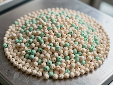 Overhead macro of mixed polypropylene pellets in natural ivory and light green tones on a steel weigh-scale surface, daylight from facility windows, sharp focus on pellet uniformity and surface texture