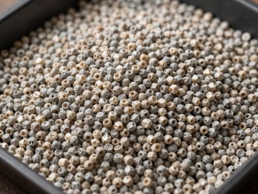 Overhead close-up of a flat tray filled with finished recycled plastic pellets in natural and light grey tones, uniformly sized granules arranged densely, studio strobe lighting revealing surface sheen and material clarity against a dark industrial tray