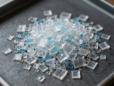 Overhead macro close-up of translucent PET plastic flake sorted by color—clear and light-blue fragments on a dark industrial sorting surface, studio strobe lighting revealing density and sharp edges of each fragment