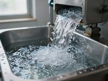 Close-up side view of a wash trough with clear water and clean translucent plastic fragments tumbling through, industrial wash equipment visible in background, daylight through a facility window illuminating water clarity and clean material surface