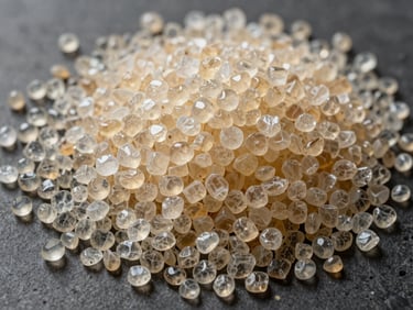 Overhead macro of LDPE film granules in translucent natural tones arranged on a dark industrial surface, studio strobe light catching surface sheen and granule uniformity, tight framing showing material consistency