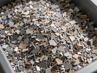 Overhead macro of an industrial shredder output tray showing uniform plastic flake fragments of consistent size, mixed grey and natural tones, studio strobe lighting casting sharp shadows that reveal particle geometry and density