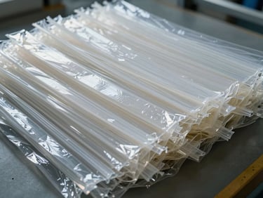 Overhead macro shot of LDPE film waste shredded into thin translucent strips, layered on a facility floor under bright overhead industrial lighting, texture and film thickness visible