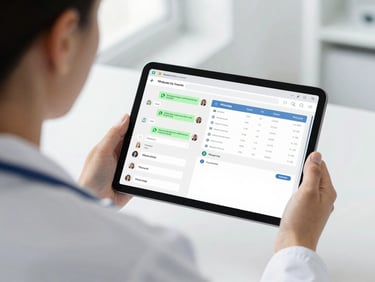 Over-the-shoulder shot of a medical administrator viewing a clean, modern dashboard on a tablet, showing WhatsApp chat flows and appointment statuses, bright clinical environment, natural daylight.