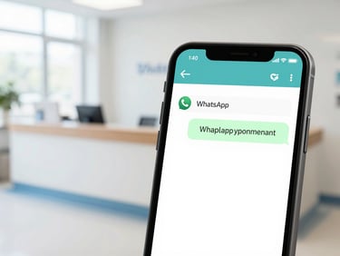 Close-up of a mobile screen showing a realistic WhatsApp chat interface with an appointment confirmation, with a blurred hospital reception desk in the background, soft natural daylight.