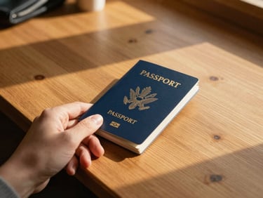 A close-up of a hand holding a navy blue passport with golden-hour sunlight streaming across a wooden travel desk, warm editorial style