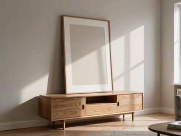Wide architectural interior shot of a sunlit Scandinavian living room, a Macrotab wood-framed ambient display sitting quietly on a matte oak sideboard, soft morning light.