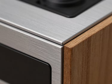 A tight horizontal macro shot of the corner of the Macrotab device, showing the seamless joint between the brushed aluminum back plate and the solid oak frame