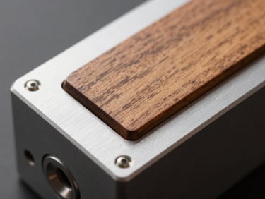 A close-up macro photograph of a Macrotab device chassis showing the tactile contrast between brushed aluminum and warm solid oak wood grain under soft morning light.