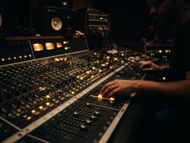 Moody cinematic recording studio, analog mixing console with glowing warm amber faders, low-key dramatic lighting, shallow depth of field, 35mm film