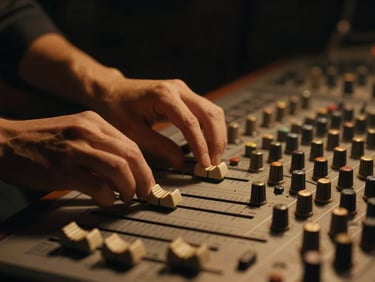 Moody close-up of hands adjusting faders on a vintage analog console, warm amber light glinting off metallic knobs, dark cinematic studio background