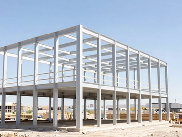 Ground-up construction site of a modern steel-frame building in Lehi, bright Utah daylight, clean structural lines