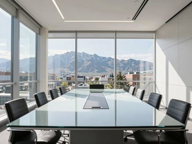 Bright, sunlit modern corporate boardroom with clean glass tables and architectural views of Utah mountains