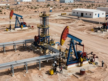 Overhead wide shot of an active oil and gas processing facility under construction in a desert environment, pipe racks and steel structures arranged in industrial rows, natural daylight, equipment and personnel conveying operational scale