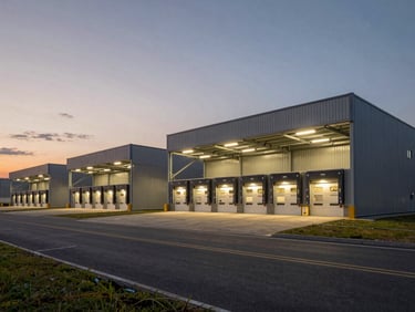 Wide shot of a large logistics warehouse complex seen from a low angle at dusk, multiple steel-frame structures in a row, loading bays lit by warm artificial light, long access road in the foreground conveying industrial scale