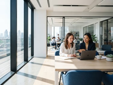 Bright high-key editorial photography of a clean modern workplace, architectural glass shadows, sharp focus, 35mm