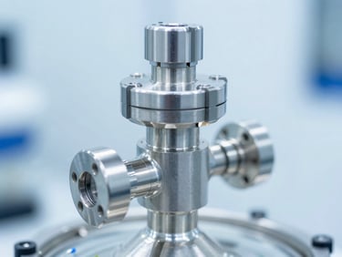 Sharp macro shot of a stainless steel bioreactor valve in a sterile pharmaceutical cleanroom, bright clinical white lighting, cool blue tones, sharp focus, 35mm