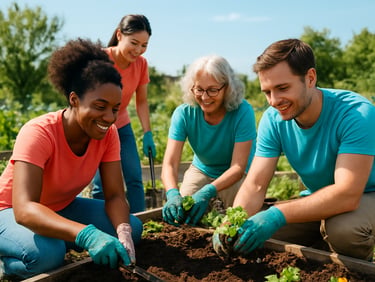 Diverse volunteers working together on an outdoor community garden project, bright daylight, 35mm lens
