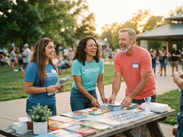 Candid medium shot of Missouri volunteers laughing while setting up a community resource table outdoors, warm golden hour daylight, 35mm lens