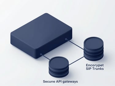 A clean, high-fidelity isometric technical diagram showing secure API gateways, encrypted SIP trunks, and database synchronization nodes in deep navy and slate tones.