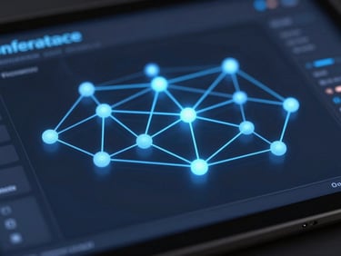 Macro shot of a high-fidelity enterprise communications dashboard, glowing blue network nodes, dark slate background, cool corporate studio lighting, sharp focus